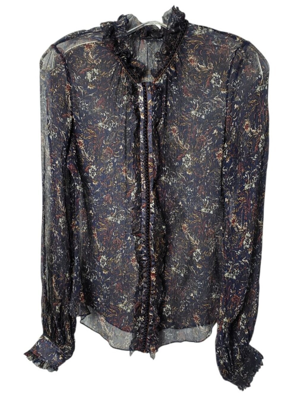 Elie Tahari Floral Sheer Silk Blouse With Ruffle Collar & Cuff Navy/Orange XSmal - Picture 3 of 16